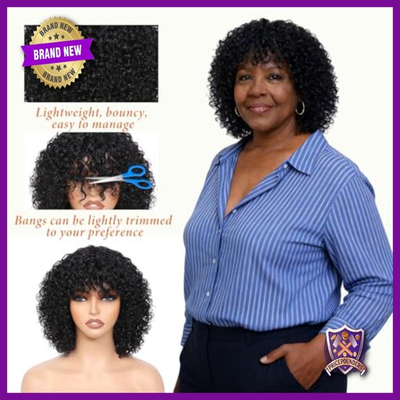 Short Curly Human Hair Wig with Bangs 200% Density Glueless No Lace - Picture 4 of 6